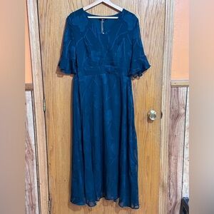 Shall we NWT sz large semi formal dress beautiful teal flutter sleeves ‎ lined